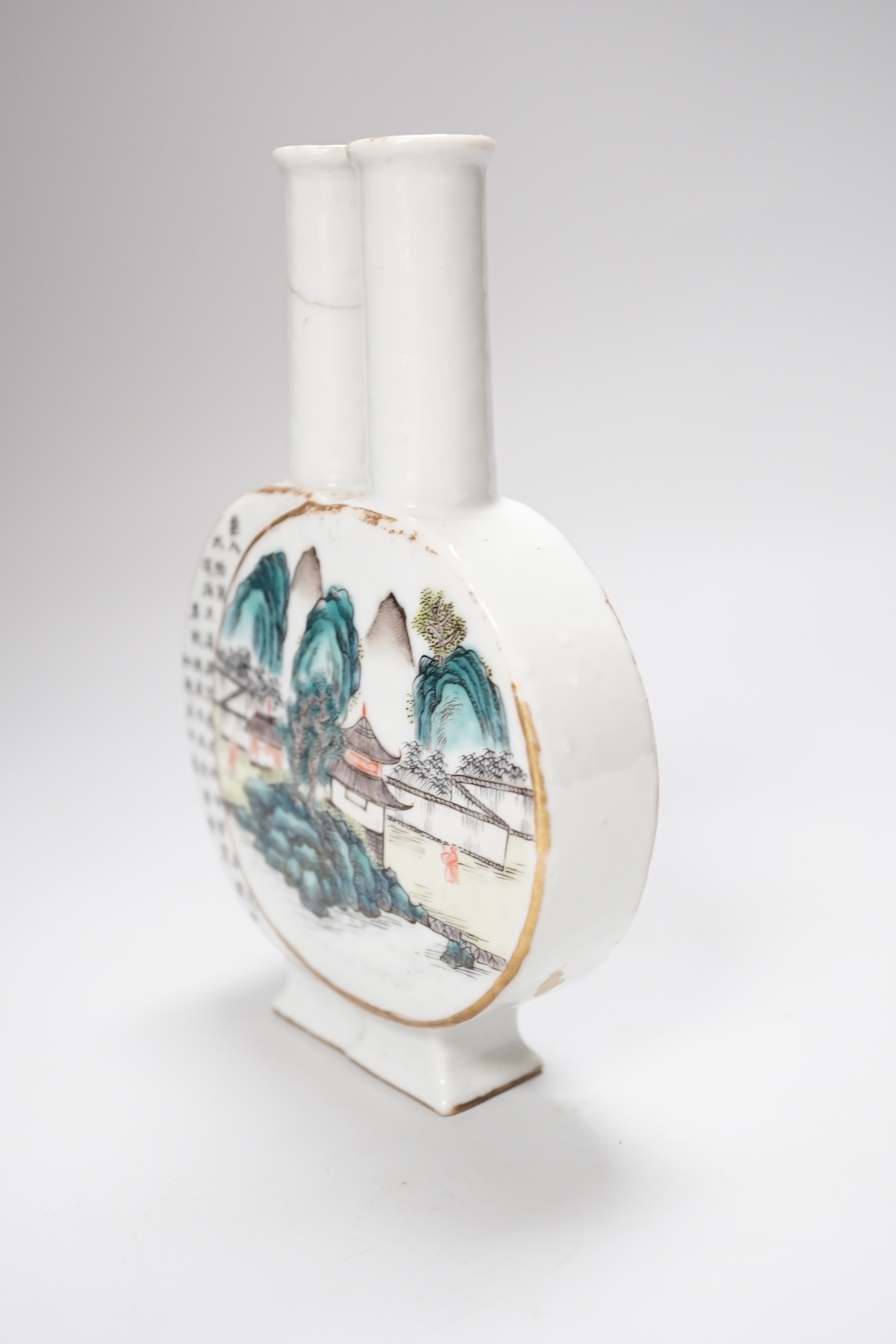 A Chinese enamelled porcelain inscribed ‘double’ moonflask, Qianlong mark but 19th century, a/f 17cm high